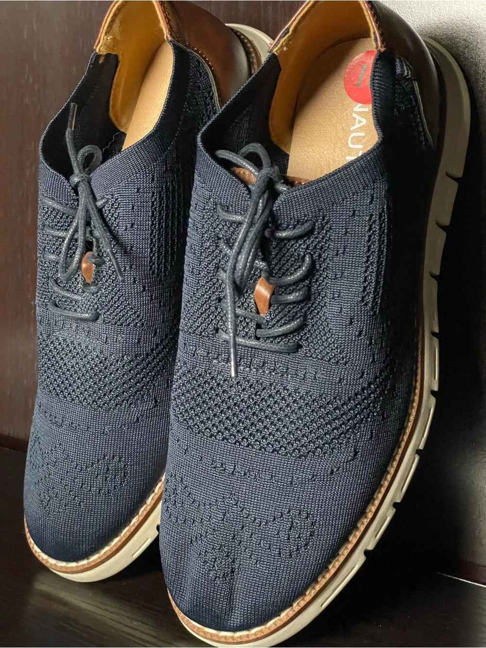 Nautica Men's Knit Casual Lace-Up Shoes - Navy Blue with Brown Trim (Size: 10)